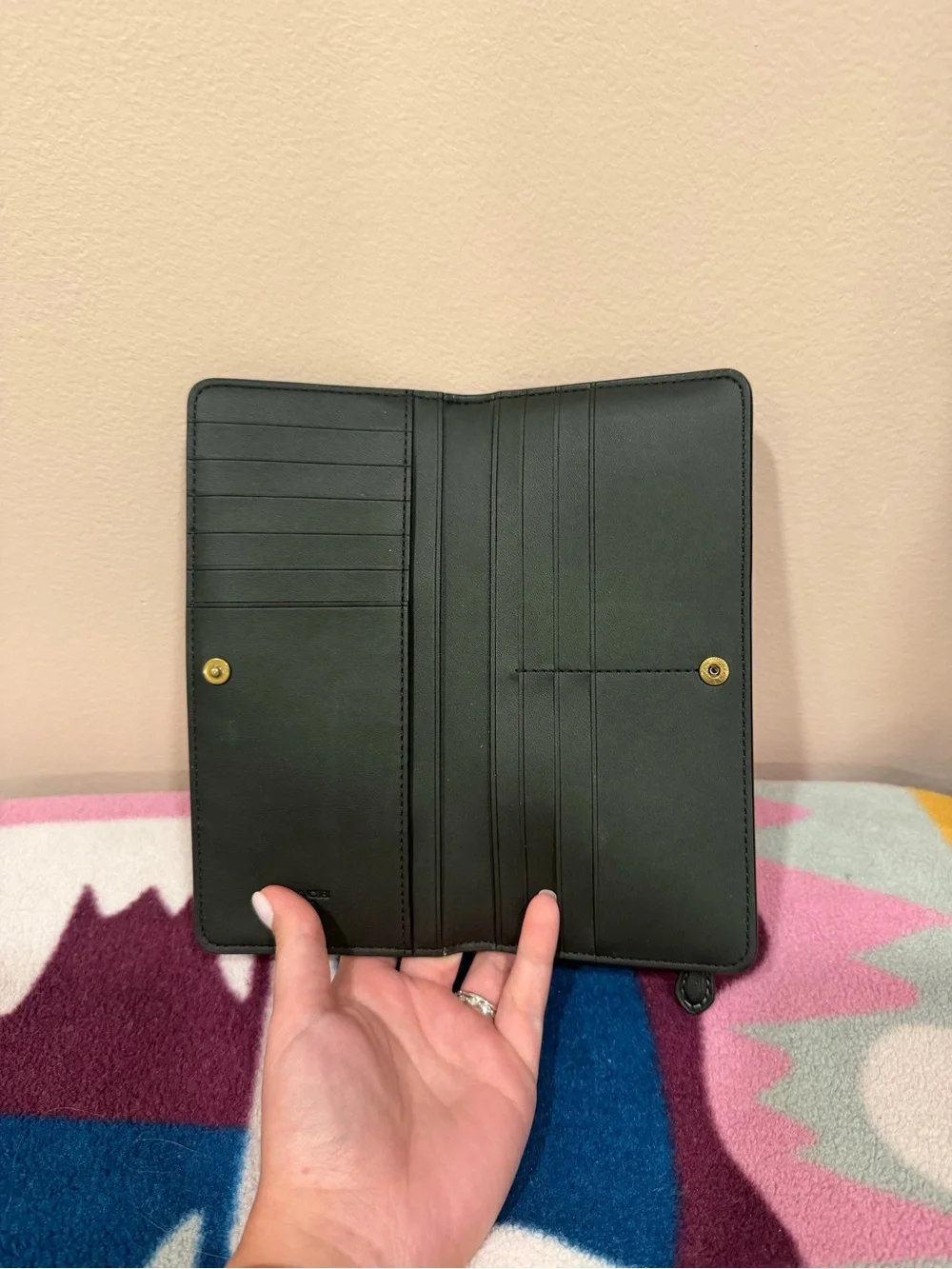 Coach Black Leather Continental Wallet with Gold 'C' Accent